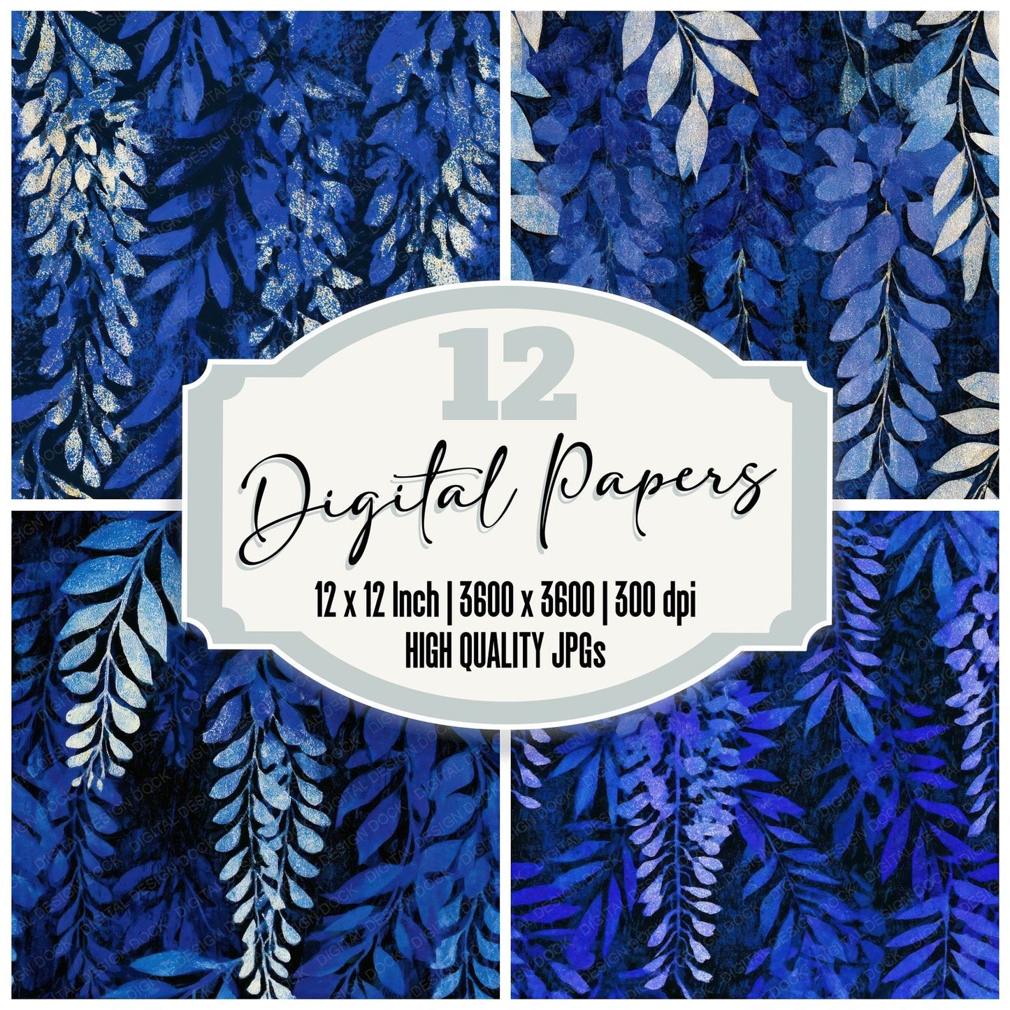 Woodblock Wisteria Navy Electric Seamless Digital Paper Pack (DDD013297)