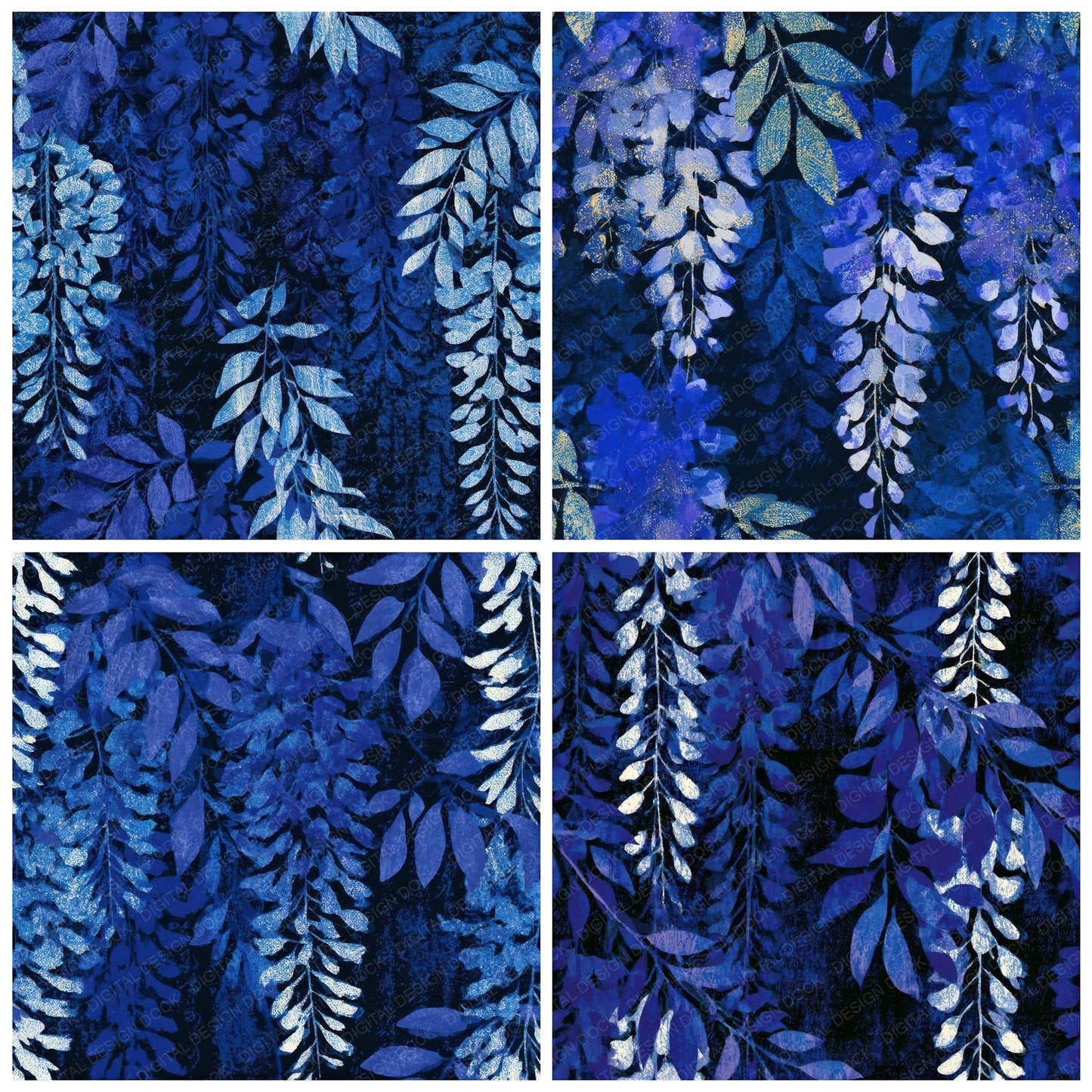 Woodblock Wisteria Navy Electric Seamless Digital Paper Pack (DDD013297)