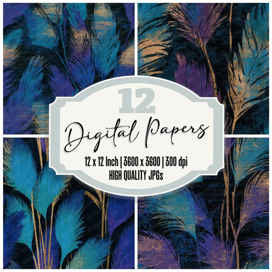 Woodcut Pampas Grass Cyan Violet Seamless Digital Paper Pack (DDD013298)