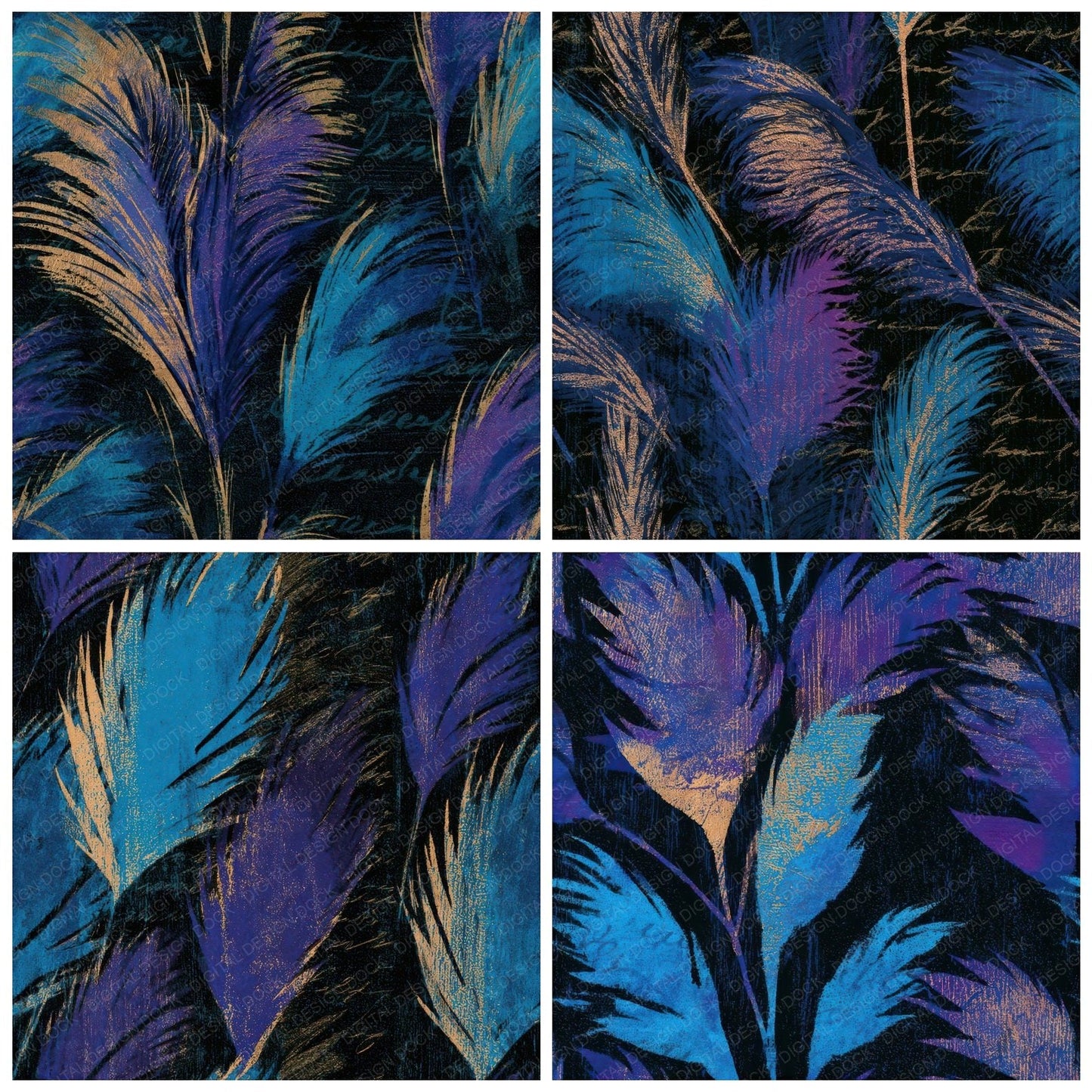 Woodcut Pampas Grass Cyan Violet Seamless Digital Paper Pack (DDD013298)