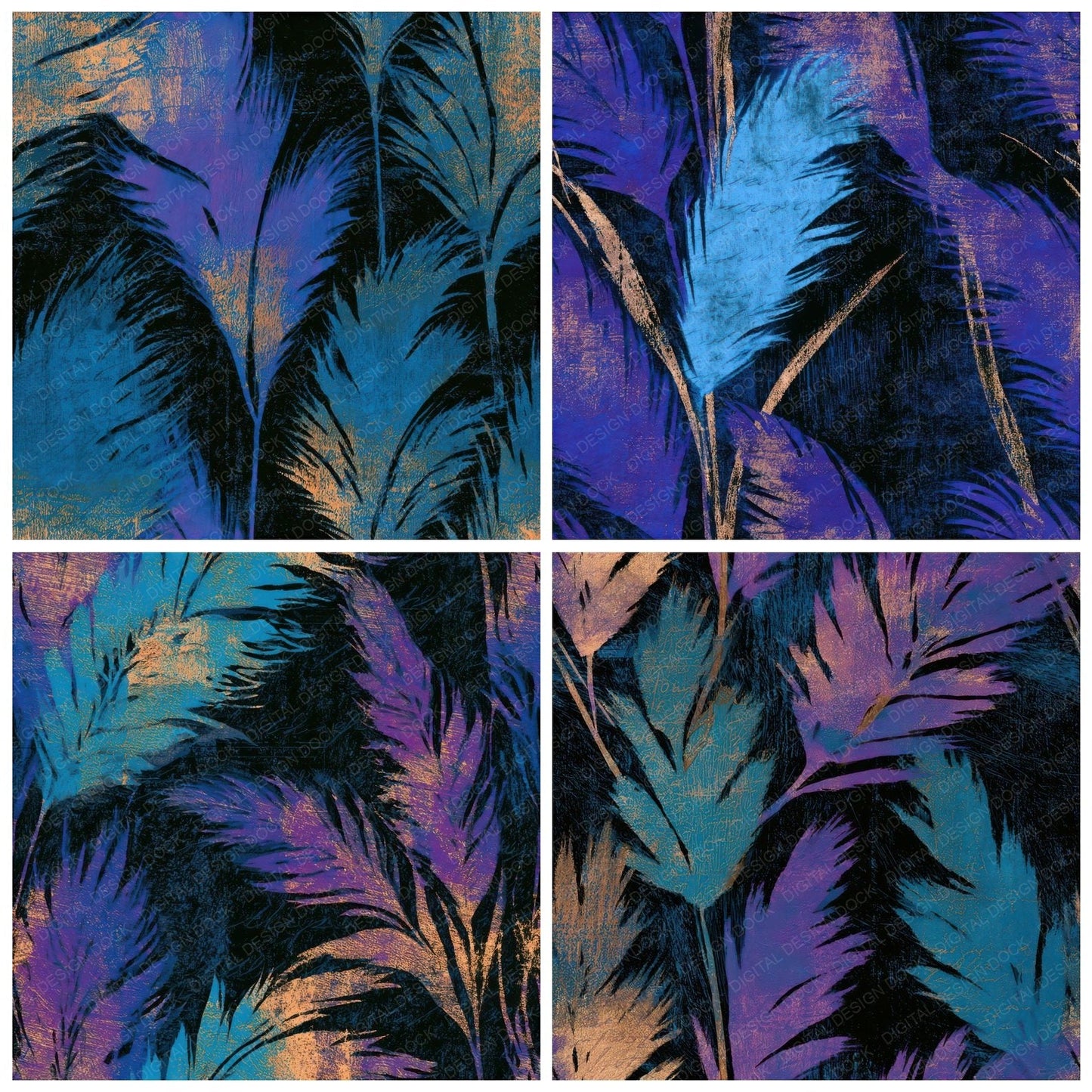 Woodcut Pampas Grass Cyan Violet Seamless Digital Paper Pack (DDD013298)