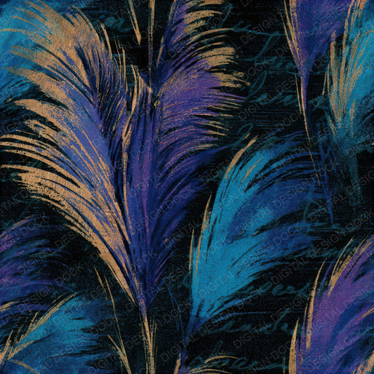 Woodcut Pampas Grass Cyan Violet Seamless Digital Paper Pack (DDD013298)