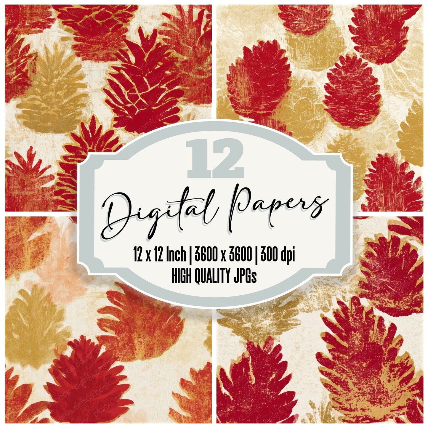 Woodcut Pine Cones Circus Red Seamless Digital Paper Pack (DDD013299)