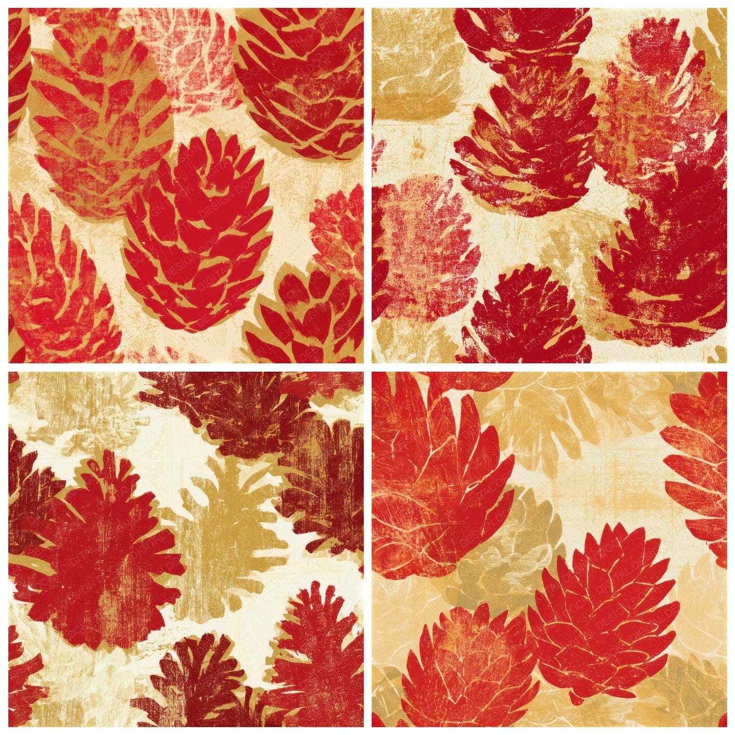 Woodcut Pine Cones Circus Red Seamless Digital Paper Pack (DDD013299)