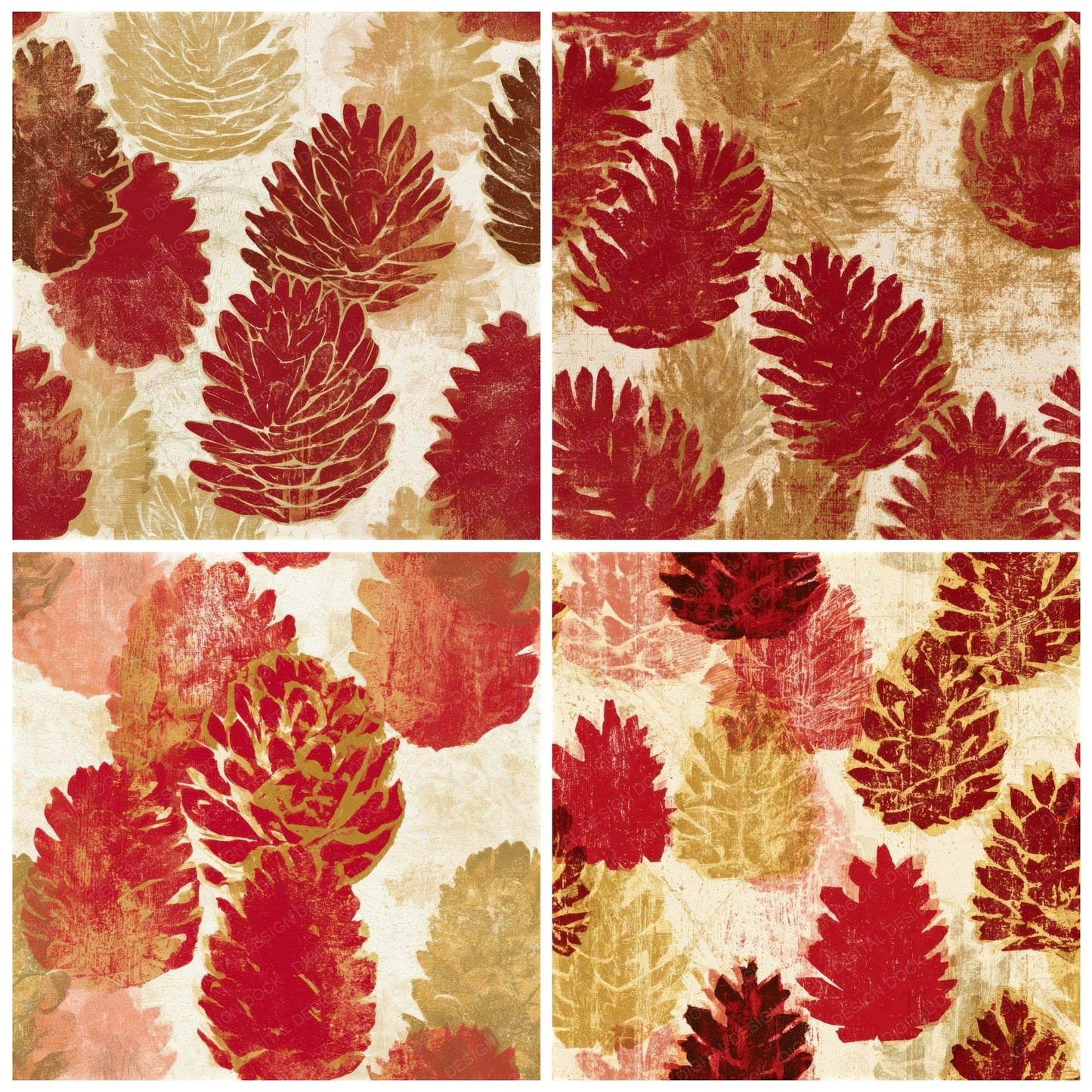 Woodcut Pine Cones Circus Red Seamless Digital Paper Pack (DDD013299)