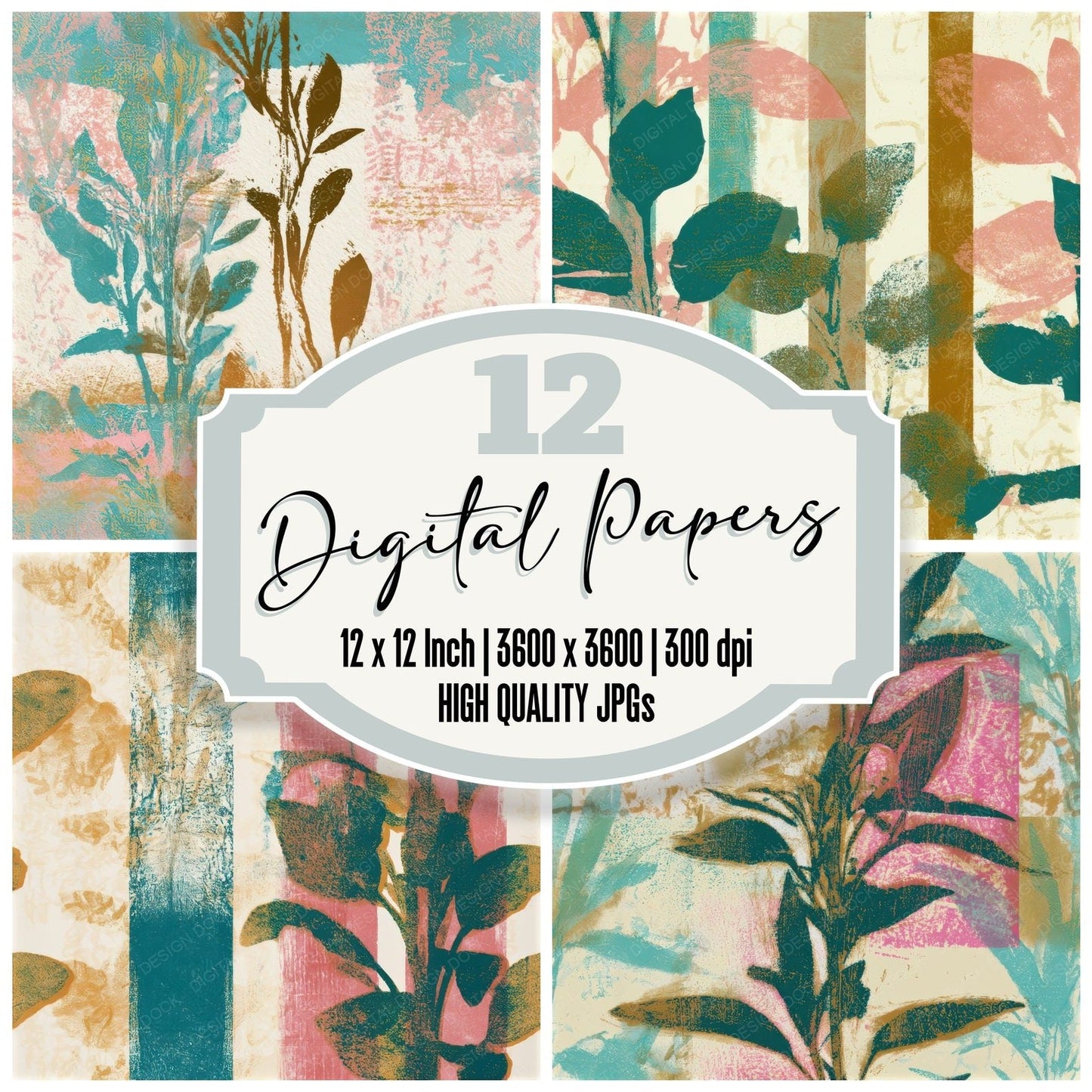 Woodcut Sage Turquoise Pink Seamless Digital Paper Pack (DDD013300)