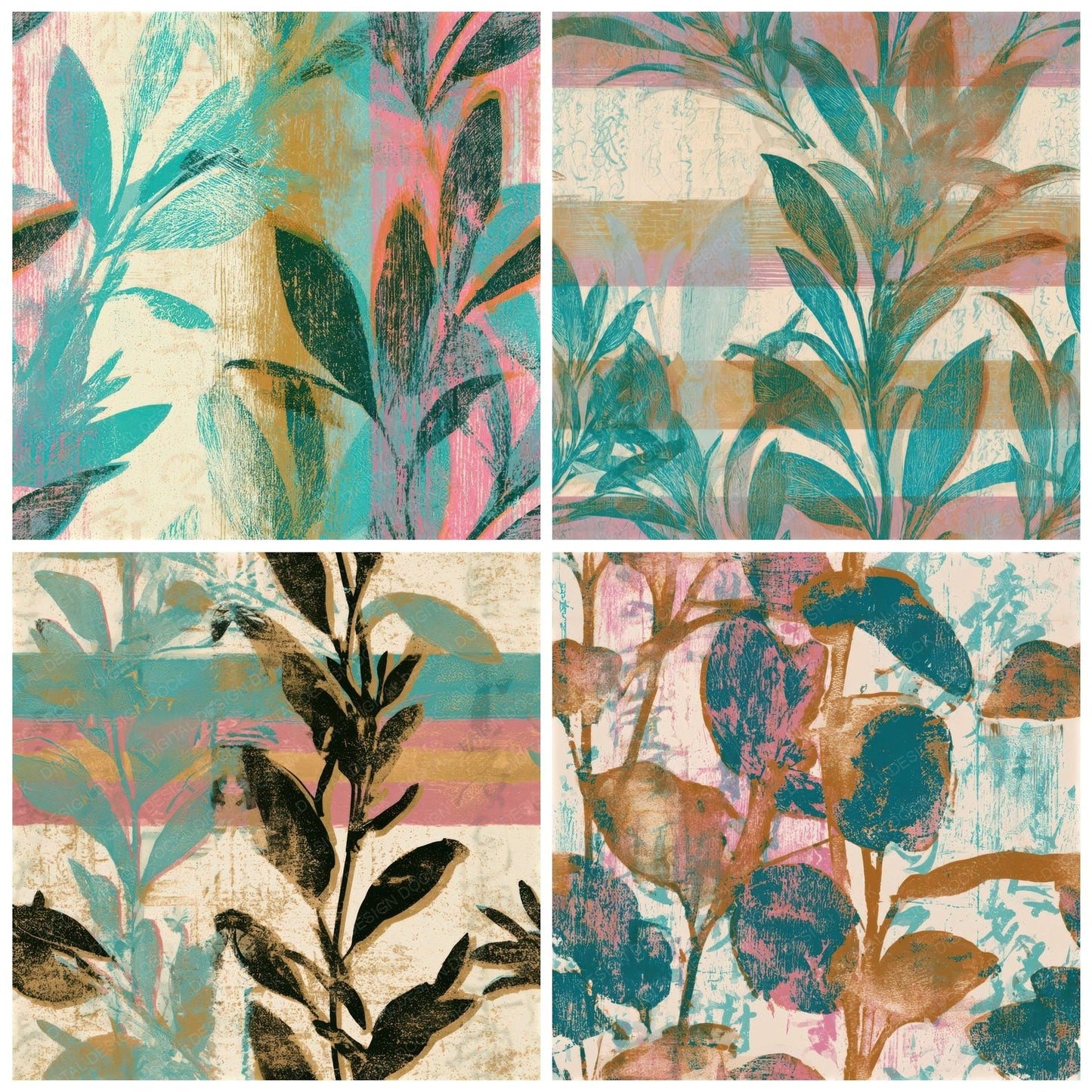 Woodcut Sage Turquoise Pink Seamless Digital Paper Pack (DDD013300)