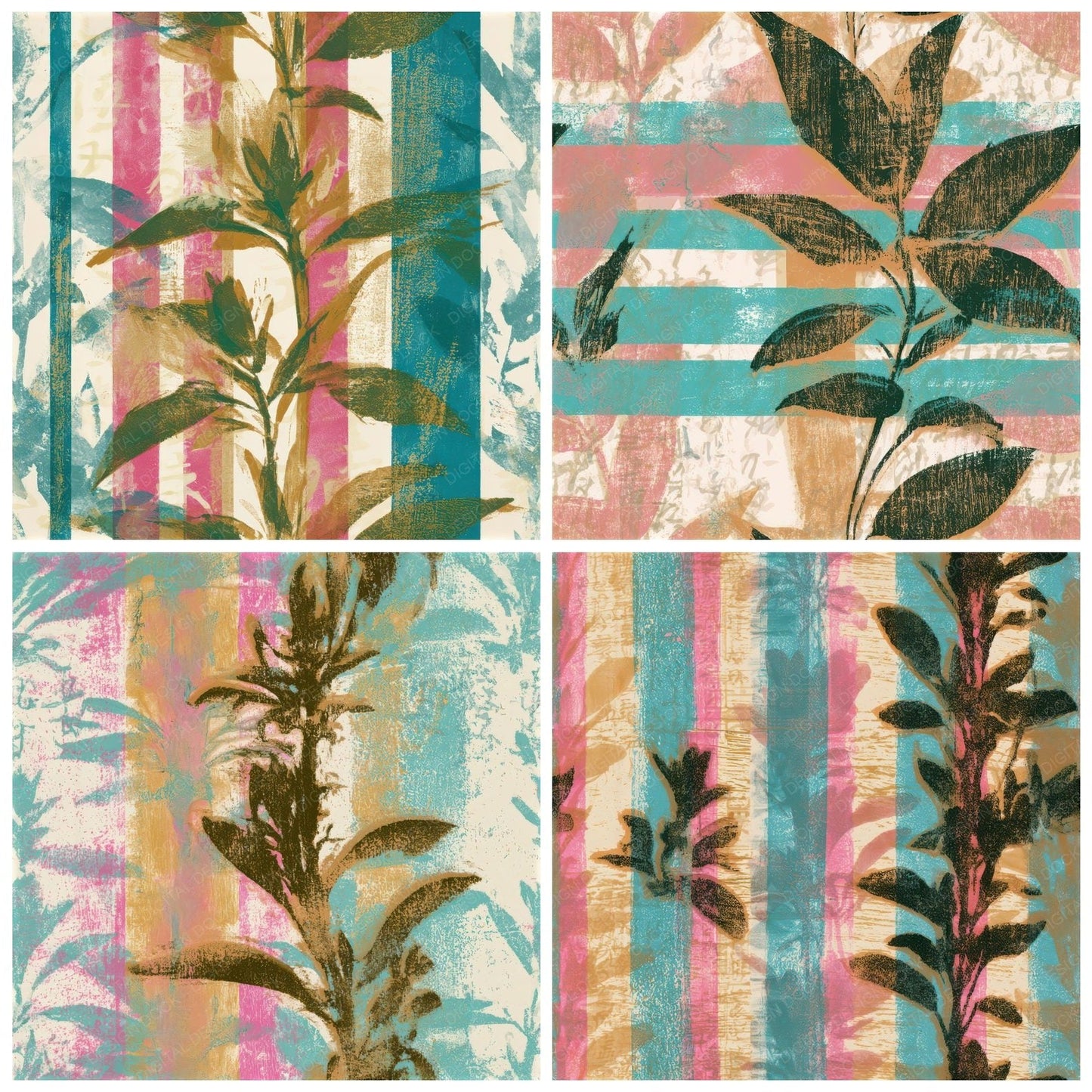Woodcut Sage Turquoise Pink Seamless Digital Paper Pack (DDD013300)