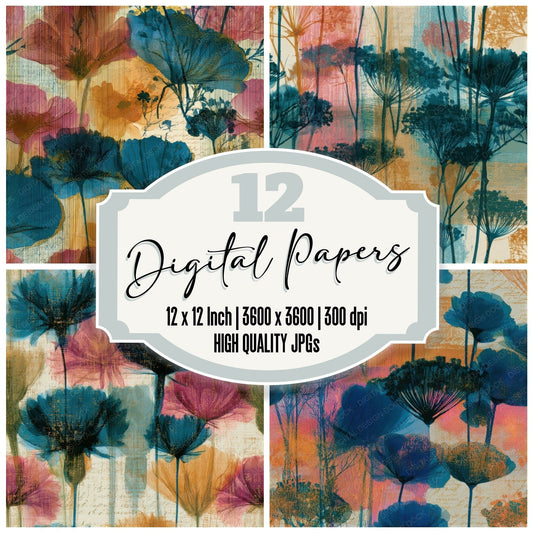 X-ray Meadow Flowers Turquoise Pink Seamless Digital Paper Pack (DDD013303)