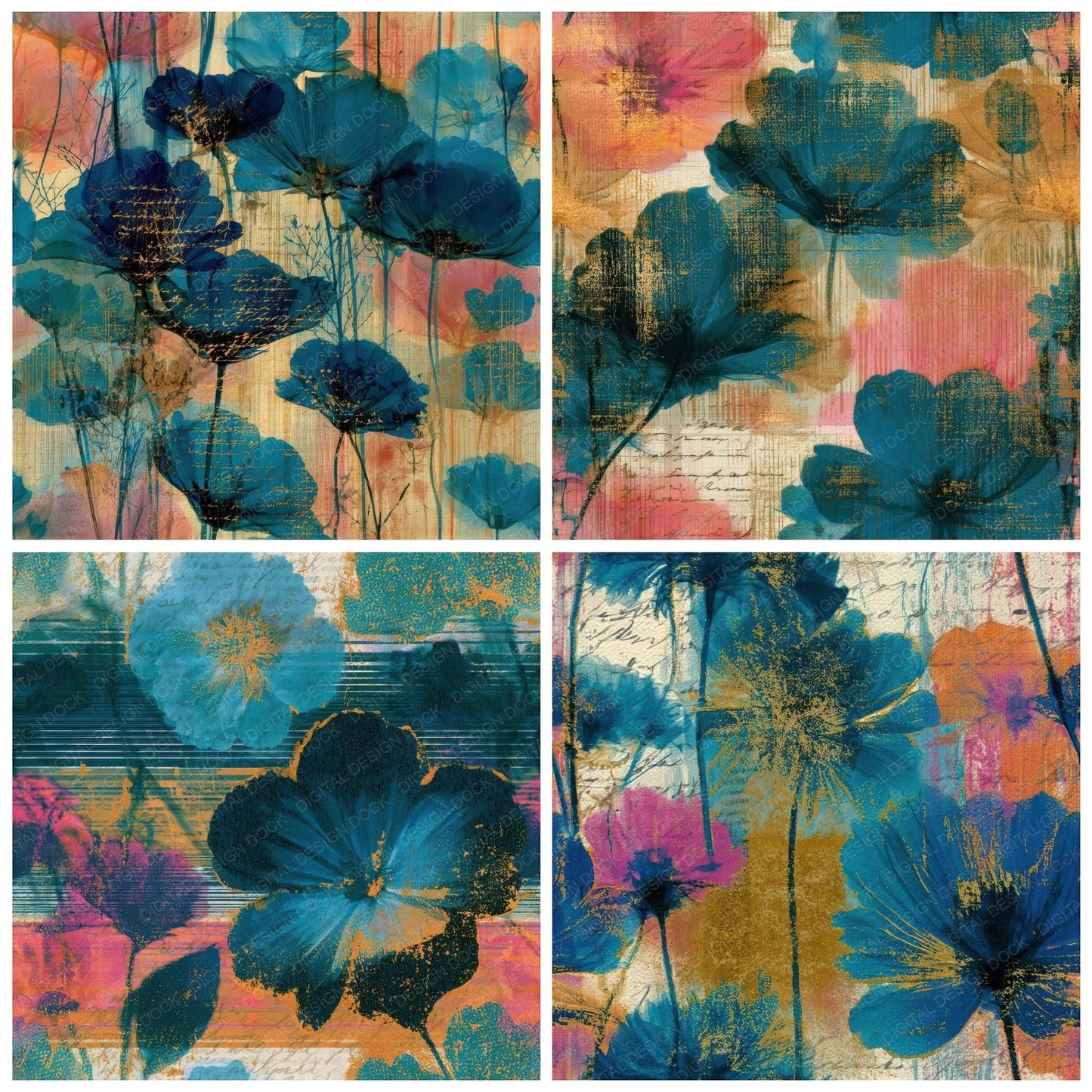 X-ray Meadow Flowers Turquoise Pink Seamless Digital Paper Pack (DDD013303)