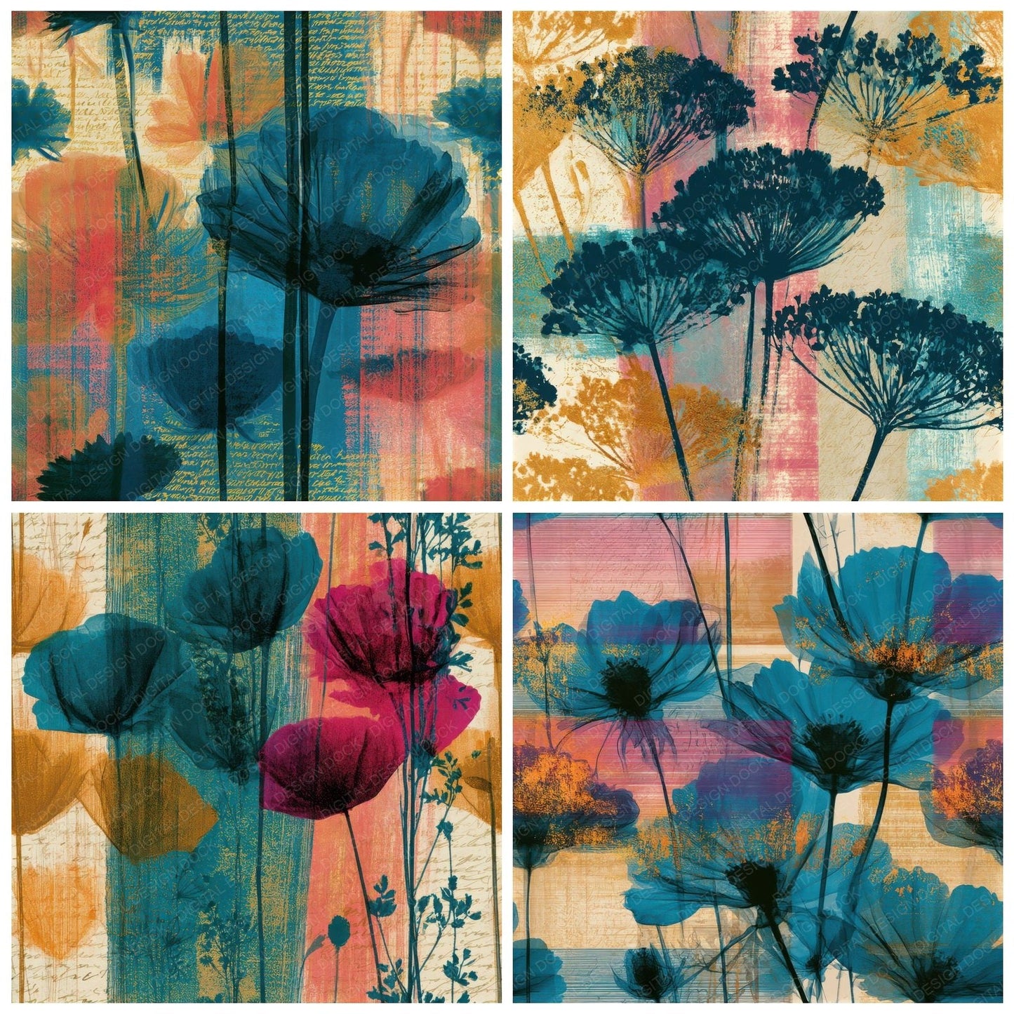 X-ray Meadow Flowers Turquoise Pink Seamless Digital Paper Pack (DDD013303)