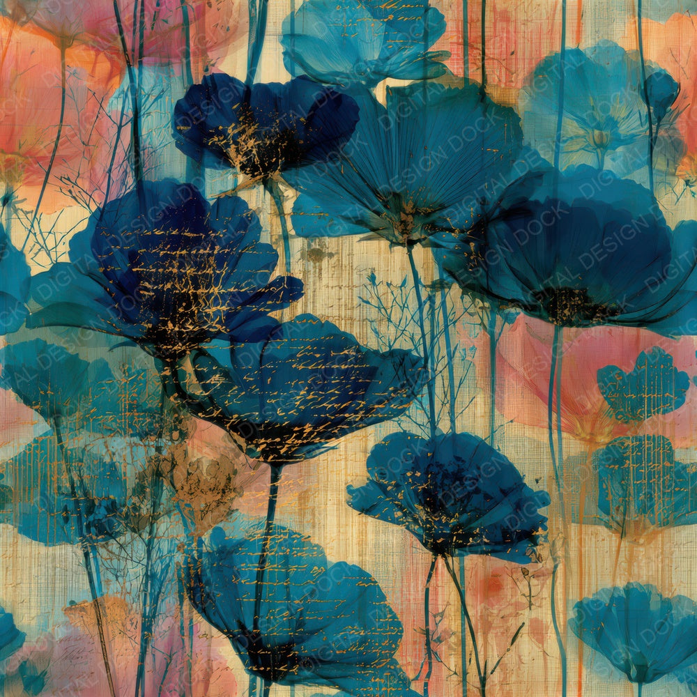 X-ray Meadow Flowers Turquoise Pink Seamless Digital Paper Pack (DDD013303)