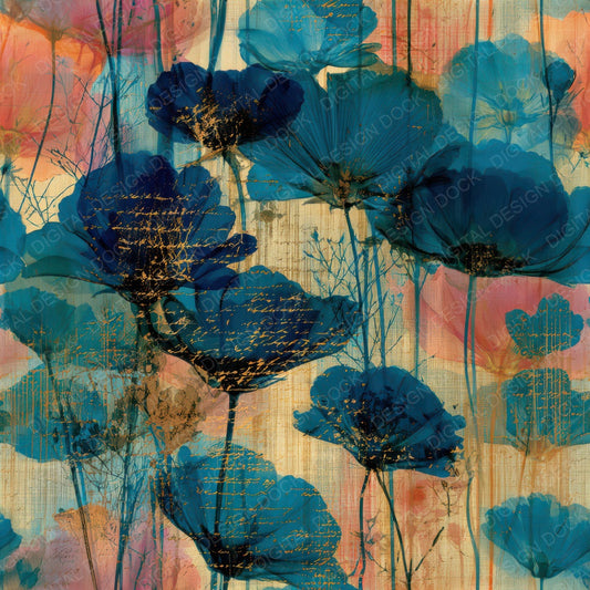X-ray Meadow Flowers Turquoise Pink Seamless Digital Paper Pack (DDD013303)