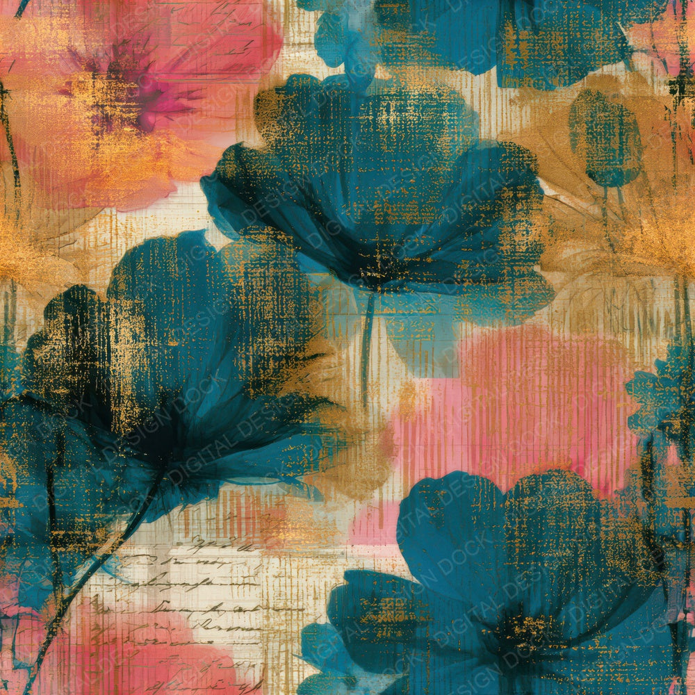 X-ray Meadow Flowers Turquoise Pink Seamless Digital Paper Pack (DDD013303)
