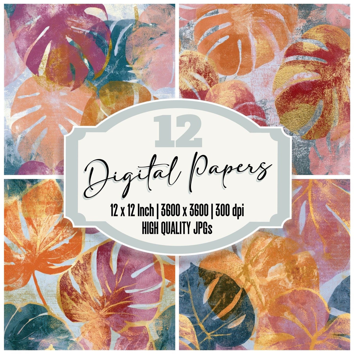 Monoprint Monstera Apricot Rose Seamless Digital Paper Pack (DDD013309)