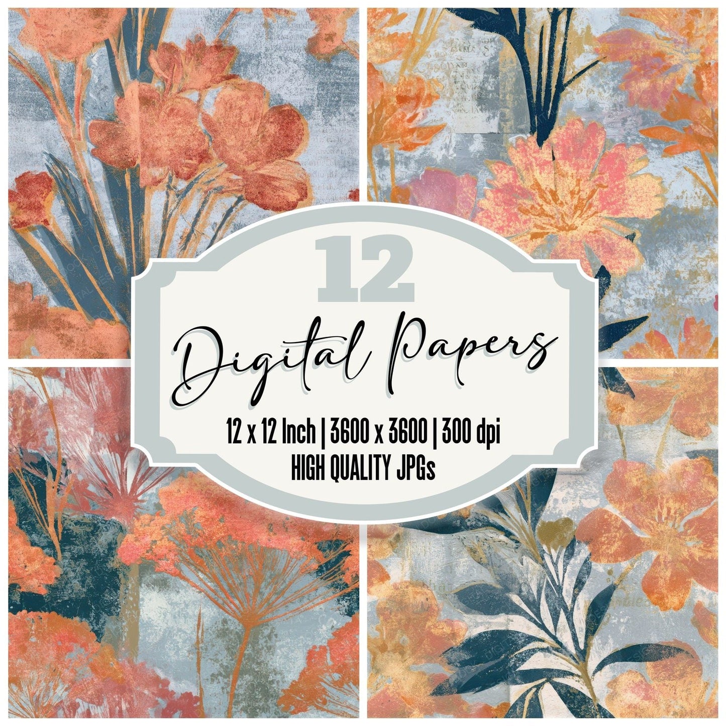 Monoprint Wildflowers Apricot Rose Seamless Digital Paper Pack (DDD013310)