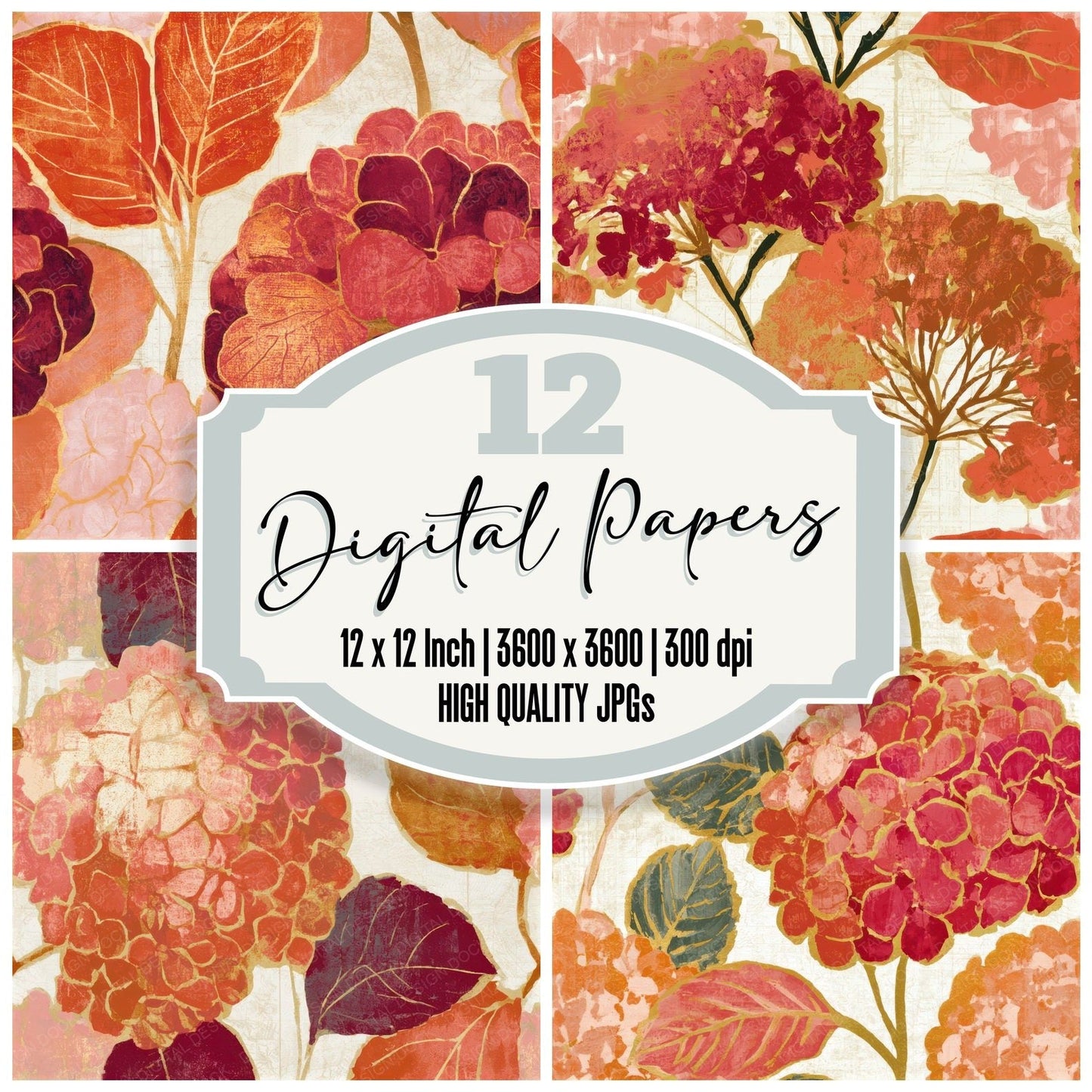 Screenprint Hydrangea Coral Gold Seamless Digital Paper Pack (DDD013311)