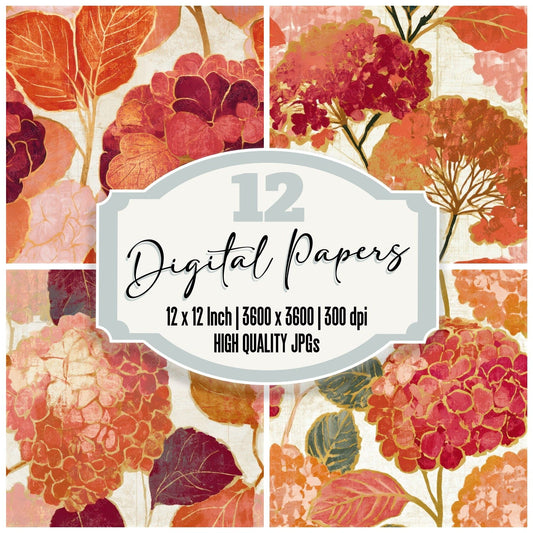 Screenprint Hydrangea Coral Gold Seamless Digital Paper Pack (DDD013311)