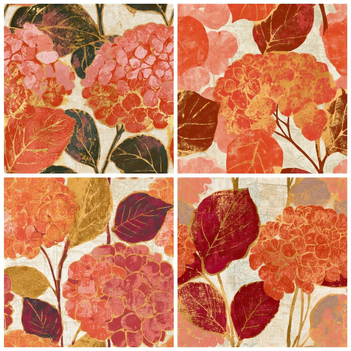 Screenprint Hydrangea Coral Gold Seamless Digital Paper Pack (DDD013311)