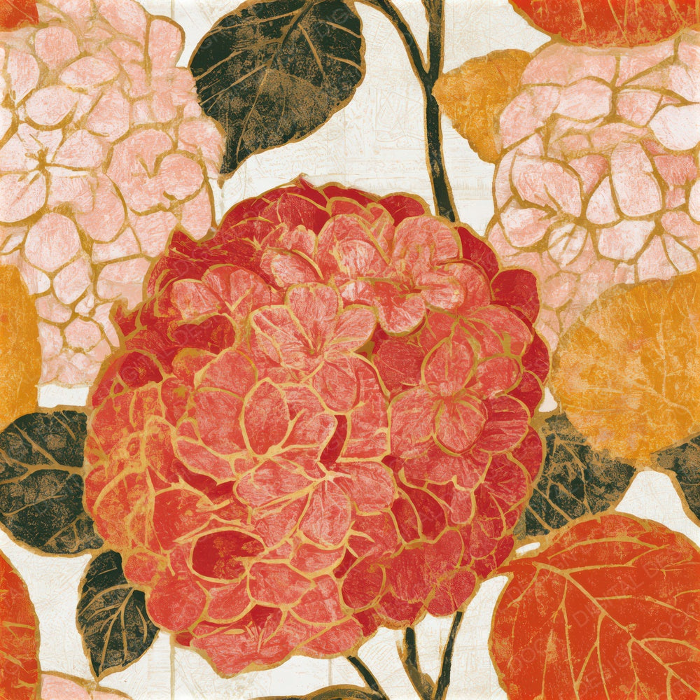 Screenprint Hydrangea Coral Gold Seamless Digital Paper Pack (DDD013311)