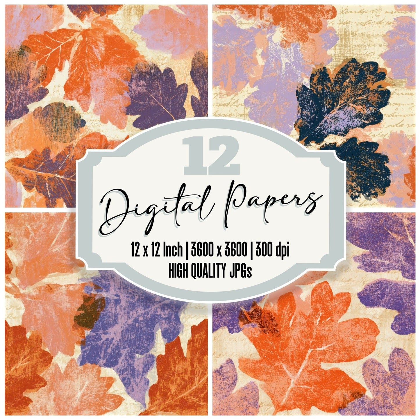 Screenprint Oak Leaves Tangerine Seamless Digital Paper Pack (DDD013312)