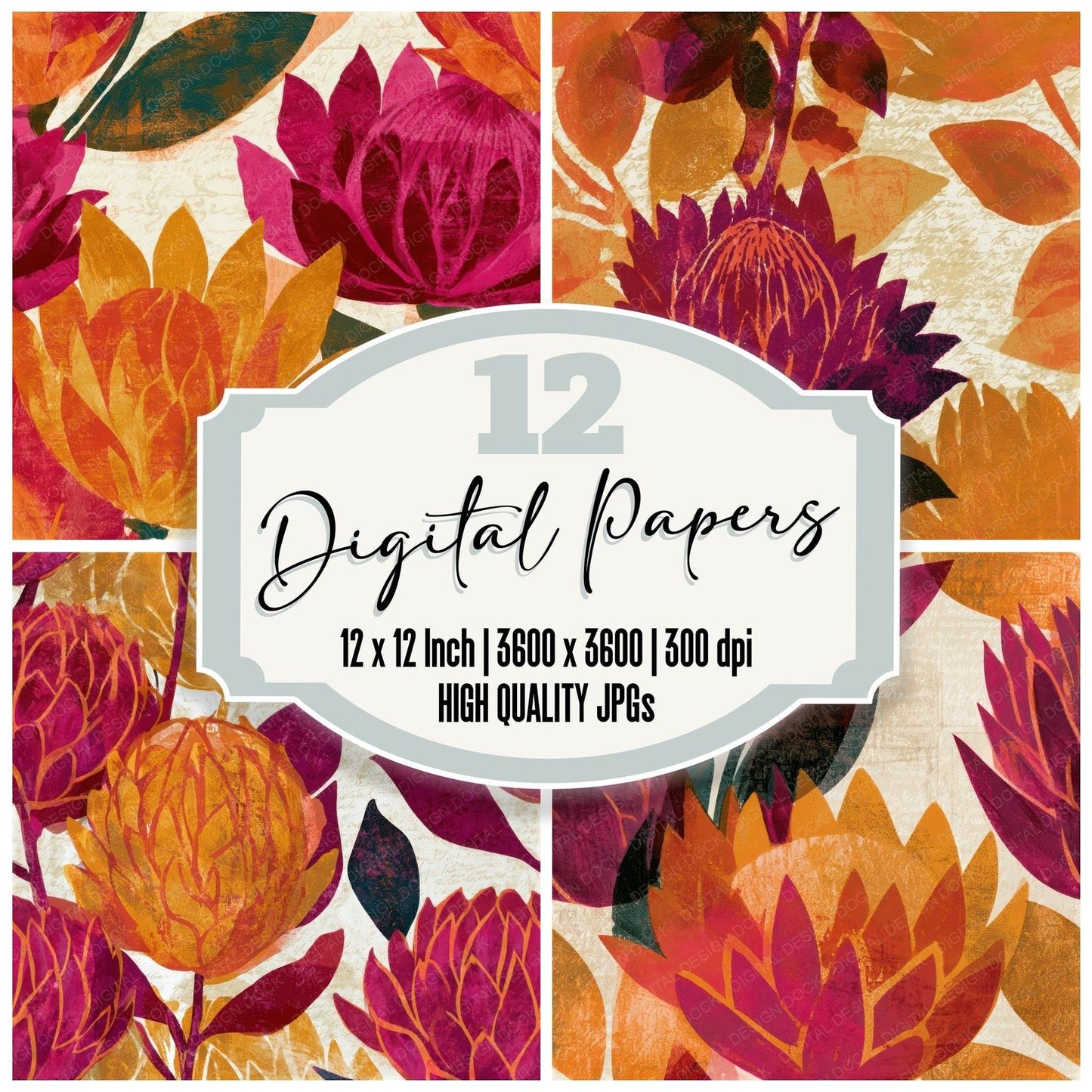 Screenprint Protea Amber Magenta Seamless Digital Paper Pack (DDD013313)