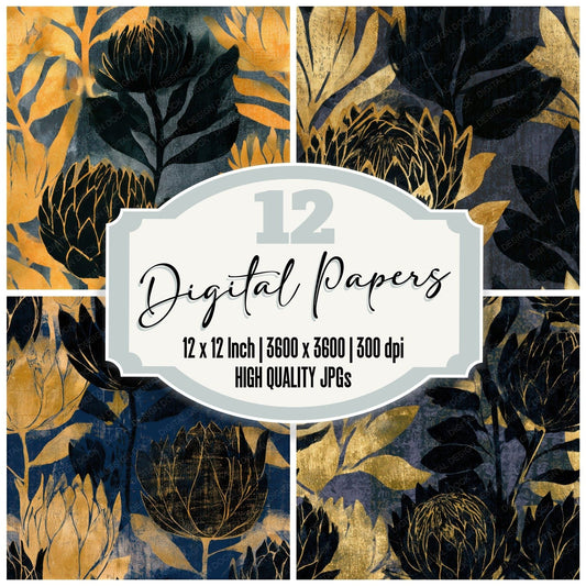 Screenprint Protea Gold Black Seamless Digital Paper Pack (DDD013314)