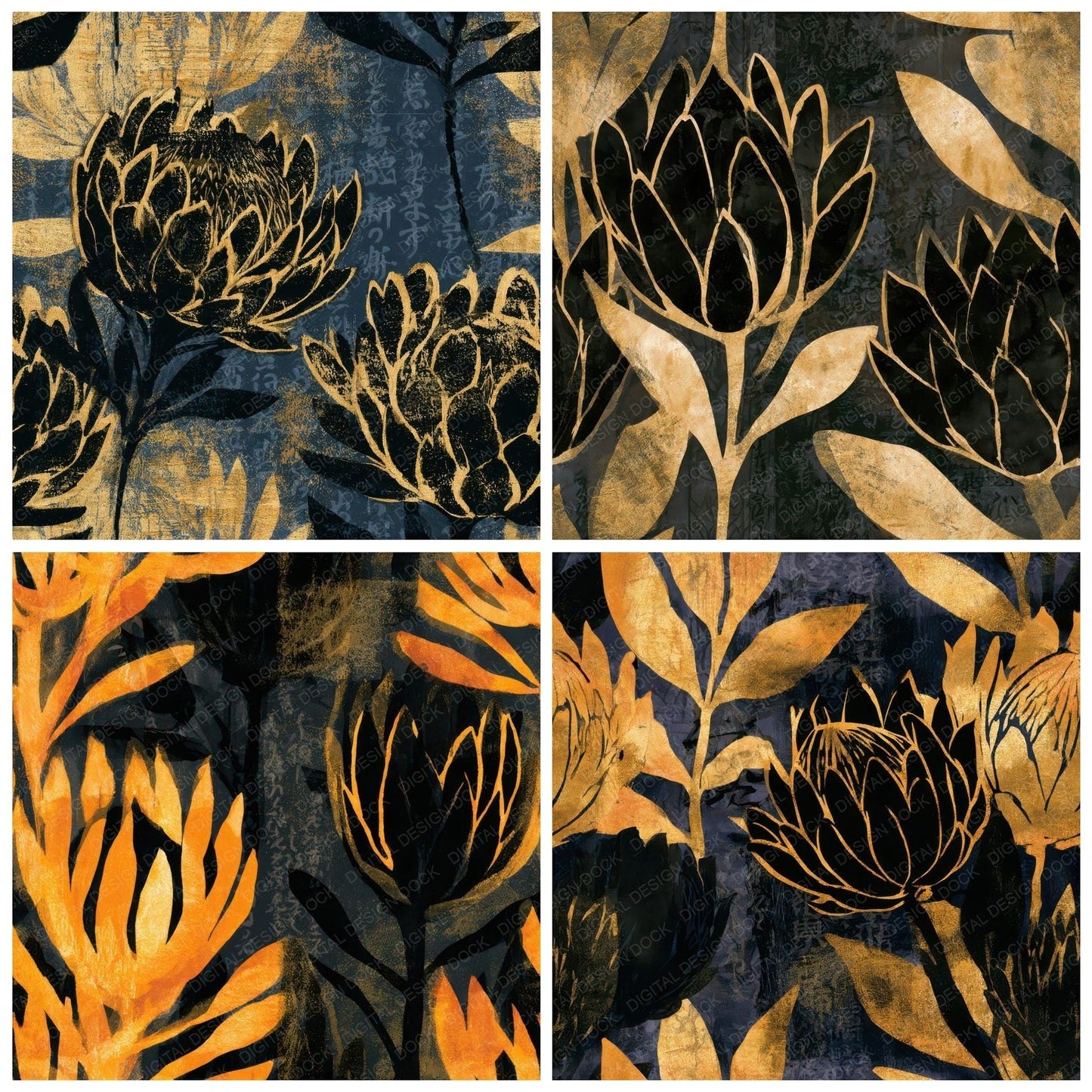 Screenprint Protea Gold Black Seamless Digital Paper Pack (DDD013314)