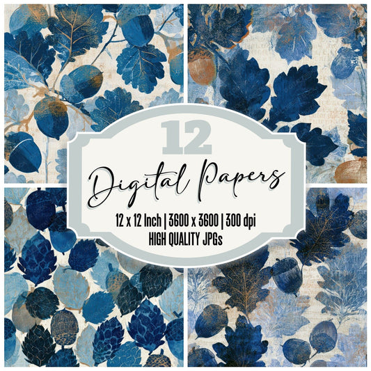 Woodblock Acorn Denim Navy Cream Digital Paper Pack (DDD013315)