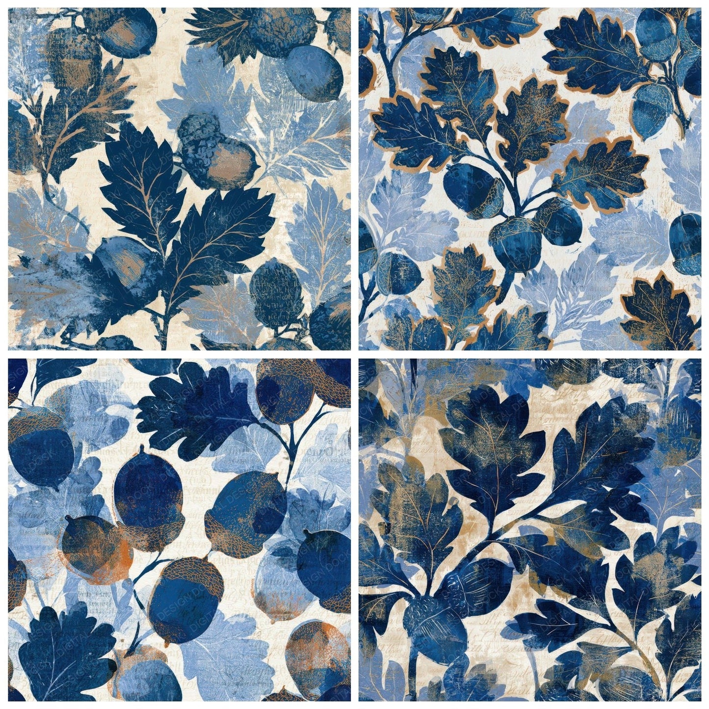 Woodblock Acorn Denim Navy Cream Digital Paper Pack (DDD013315)