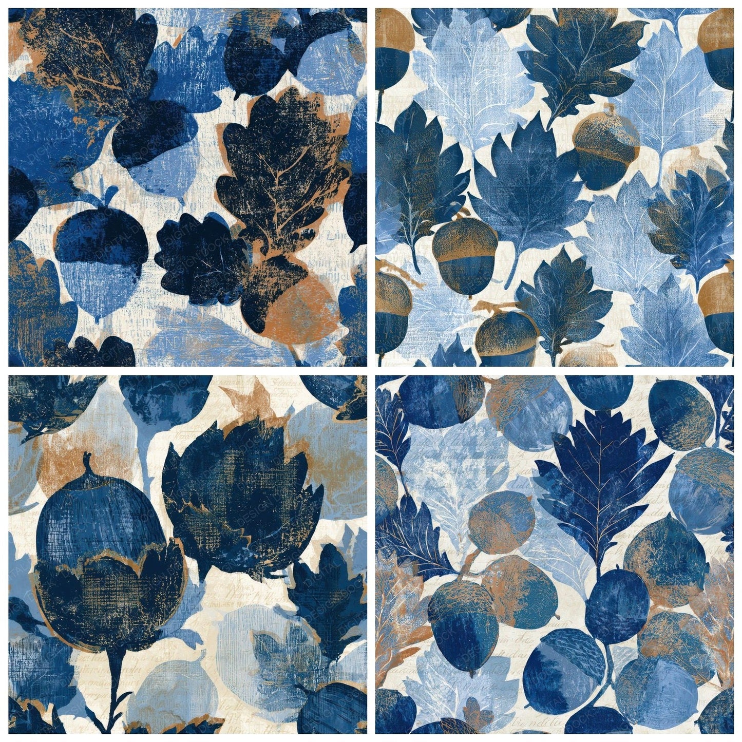 Woodblock Acorn Denim Navy Cream Digital Paper Pack (DDD013315)