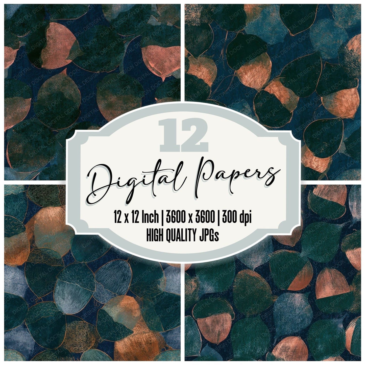 Woodblock Acorns Midnight Green Copper Digital Paper Pack (DDD013316)