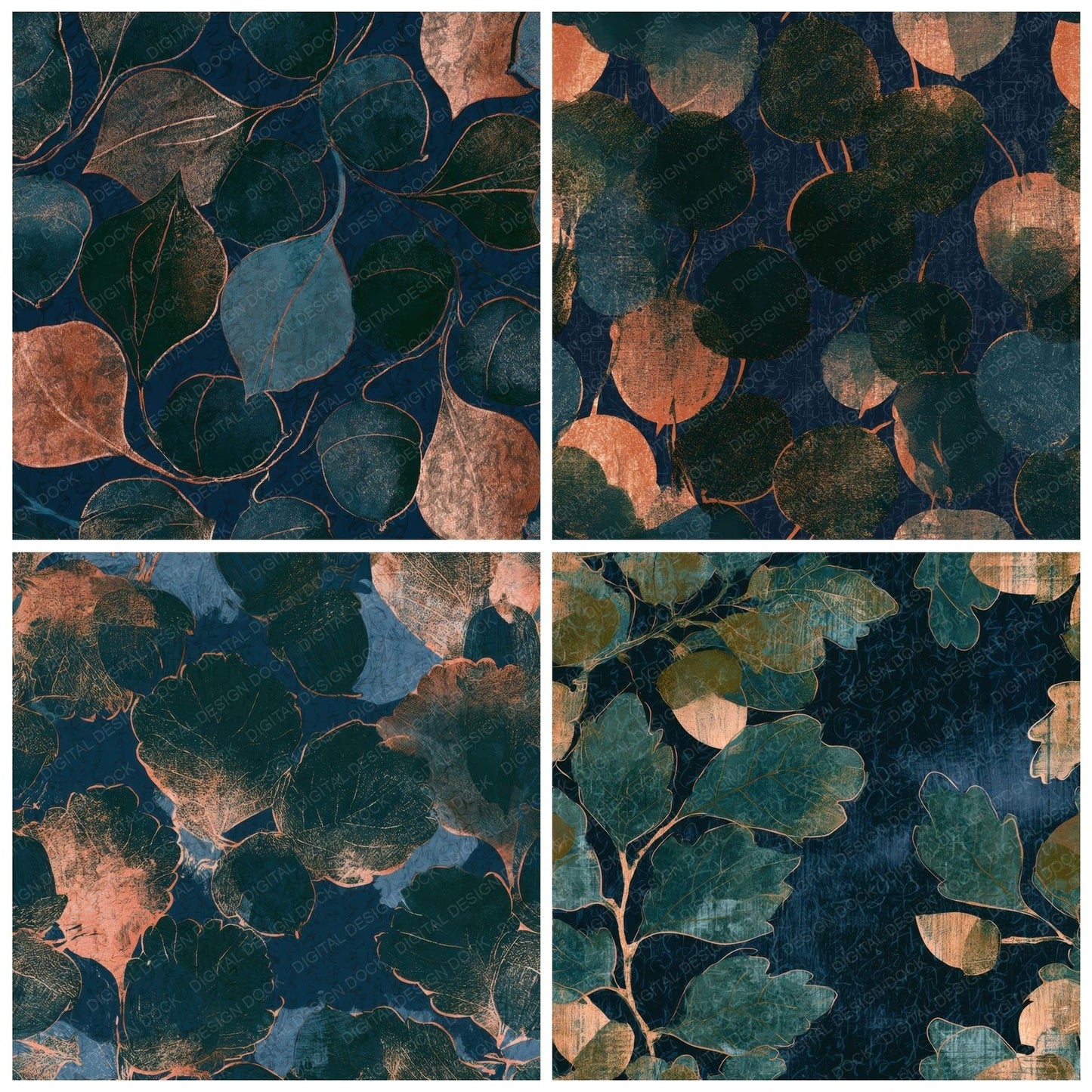 Woodblock Acorns Midnight Green Copper Digital Paper Pack (DDD013316)