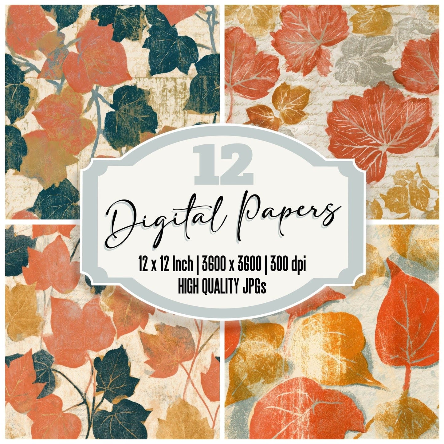 Woodblock Ivy Coral Gold Seamless Digital Paper Pack (DDD013318)