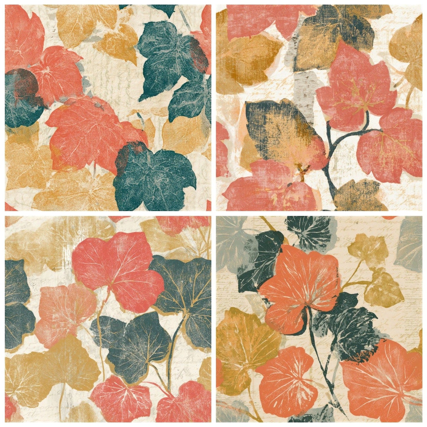 Woodblock Ivy Coral Gold Seamless Digital Paper Pack (DDD013318)