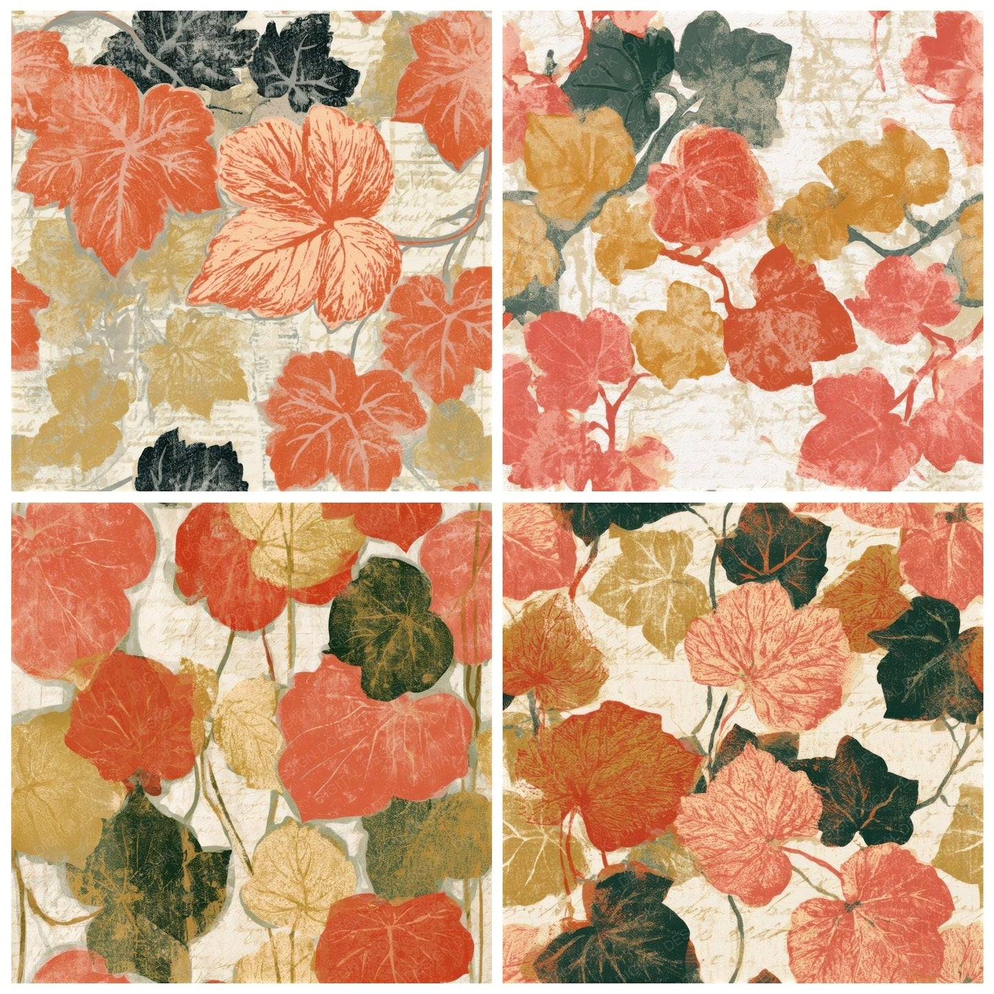 Woodblock Ivy Coral Gold Seamless Digital Paper Pack (DDD013318)
