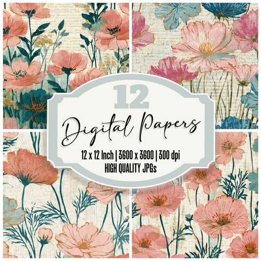 Woodblock Meadow Flowers Cotton Candy Mint Digital Paper Pack (DDD013319)