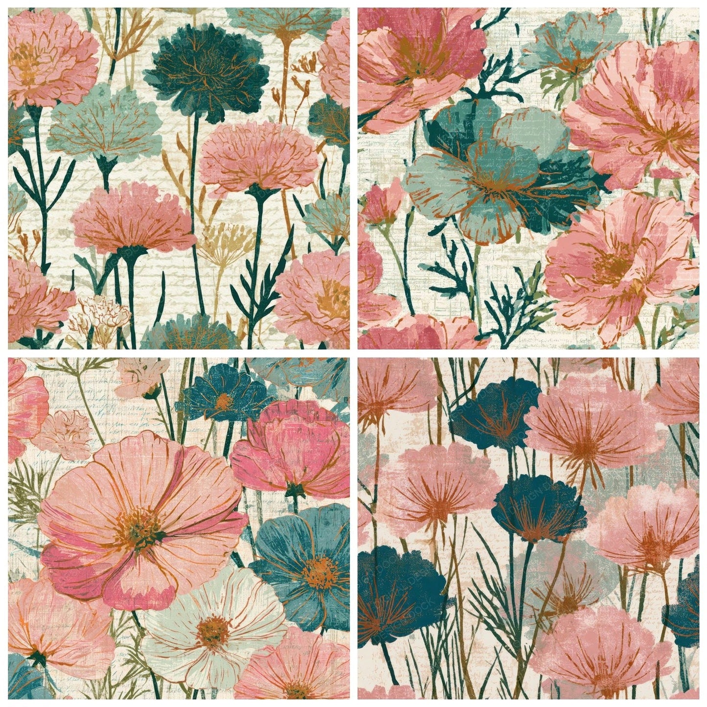 Woodblock Meadow Flowers Cotton Candy Mint Digital Paper Pack (DDD013319)