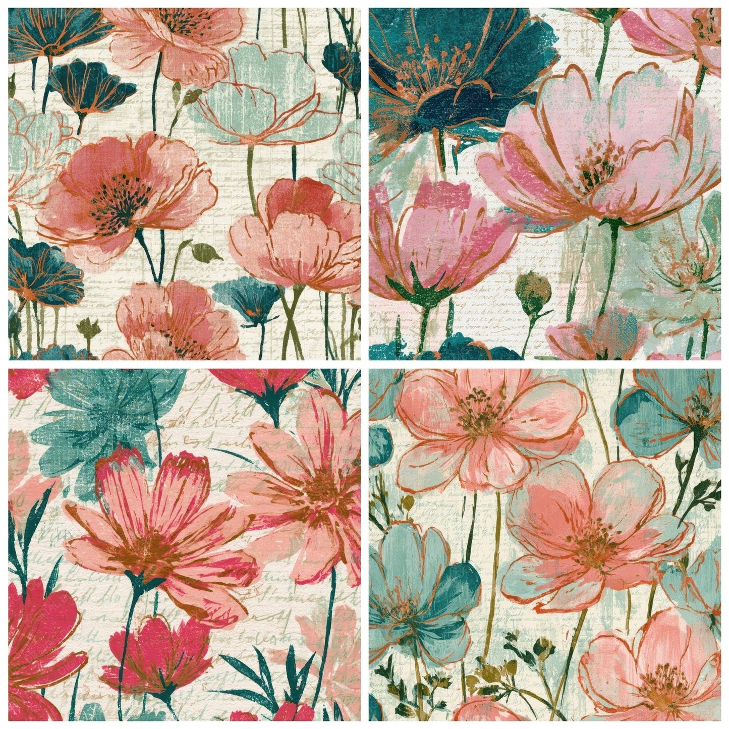 Woodblock Meadow Flowers Cotton Candy Mint Digital Paper Pack (DDD013319)