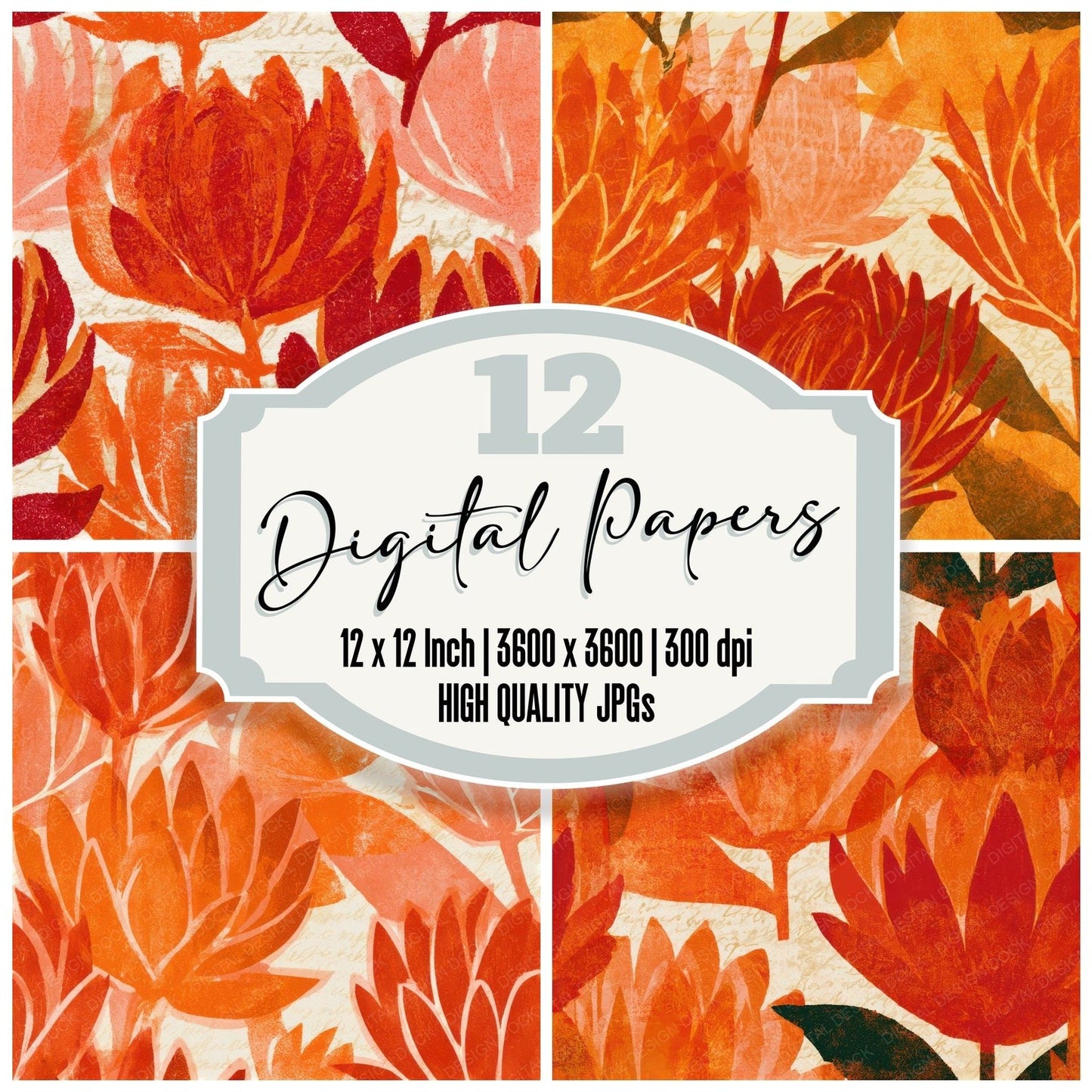Woodblock Protea Tangerine Lavender Seamless Digital Paper Pack (DDD013320)