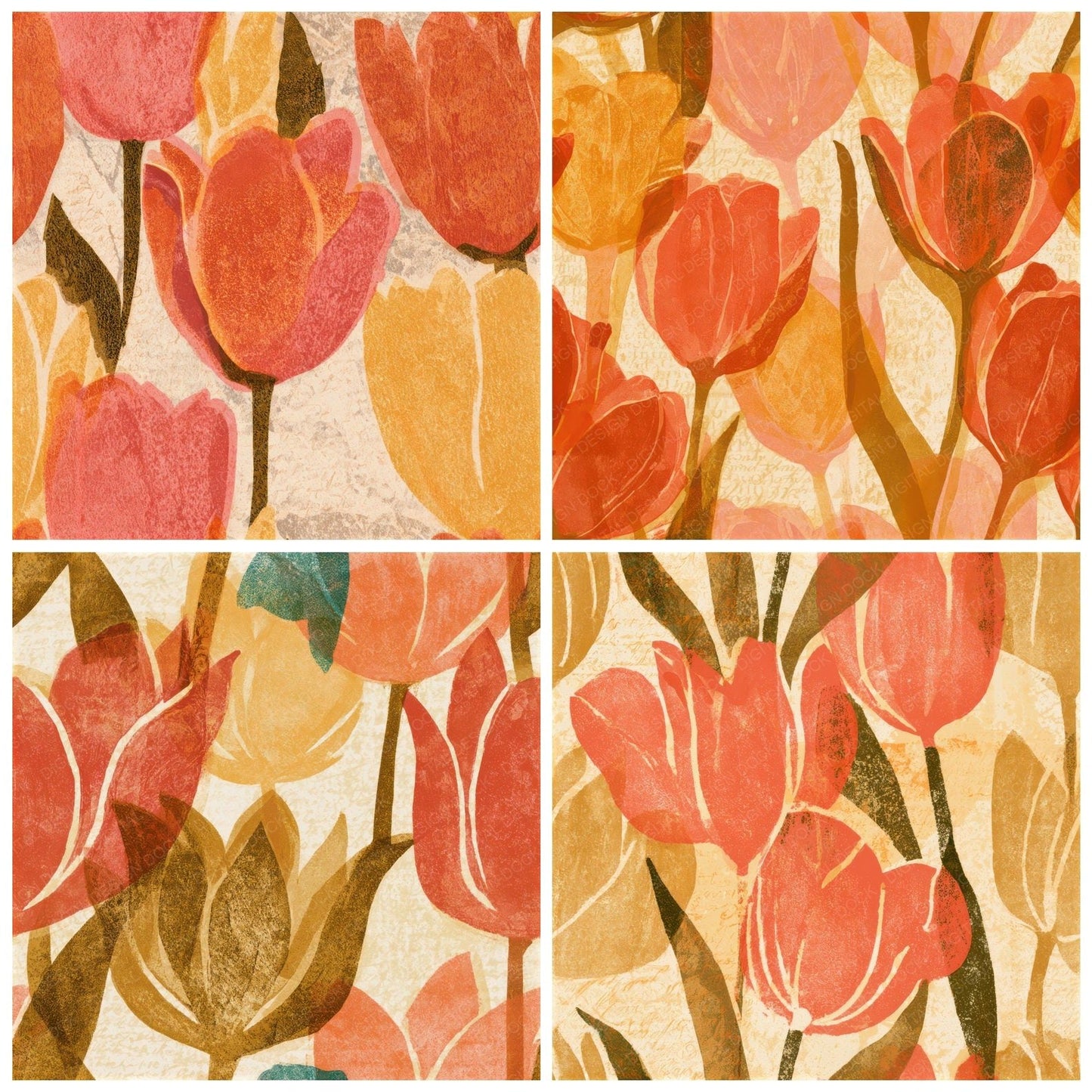 Woodblock Tulips Coral Gold Seamless Digital Paper Pack (DDD013321)