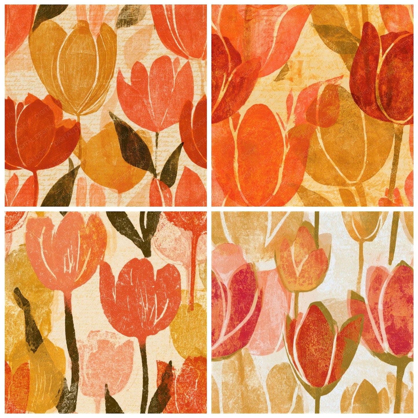 Woodblock Tulips Coral Gold Seamless Digital Paper Pack (DDD013321)