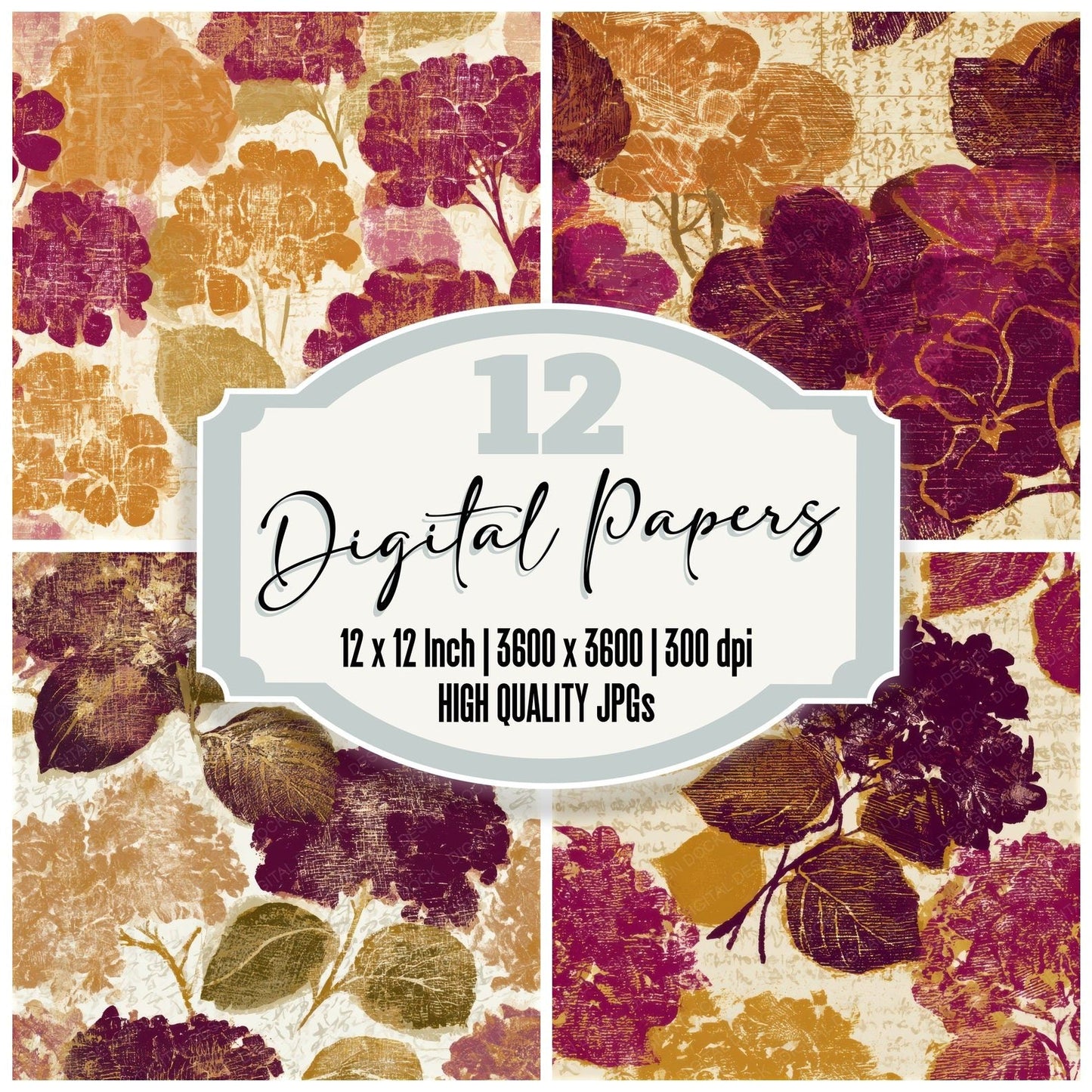 Woodcut Hydrangea Amber Magenta Seamless Digital Paper Pack (DDD013322)