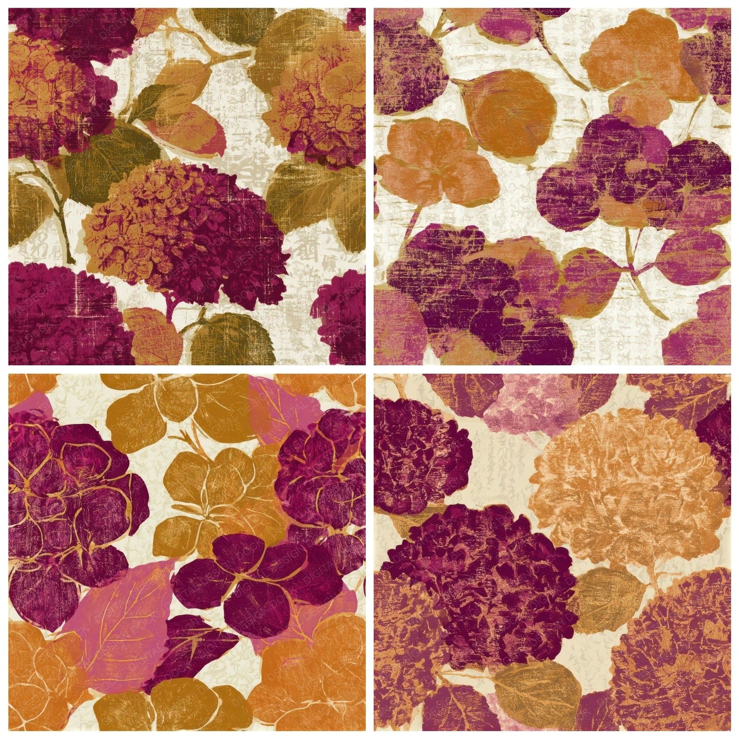 Woodcut Hydrangea Amber Magenta Seamless Digital Paper Pack (DDD013322)