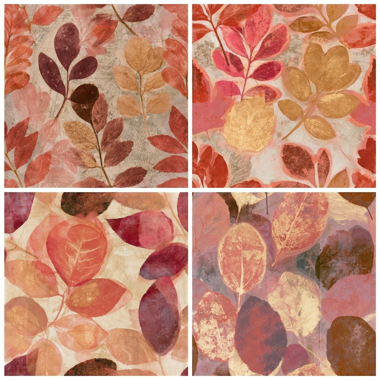 X-ray Pressed Leaves Coral Gold Seamless Digital Paper Pack (DDD013324)