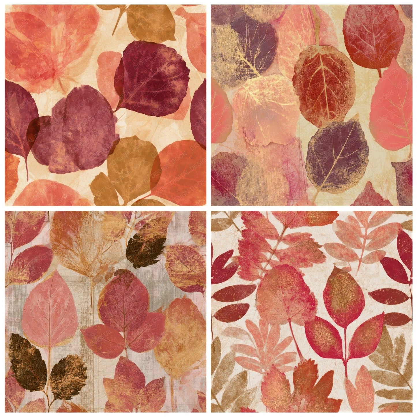 X-ray Pressed Leaves Coral Gold Seamless Digital Paper Pack (DDD013324)
