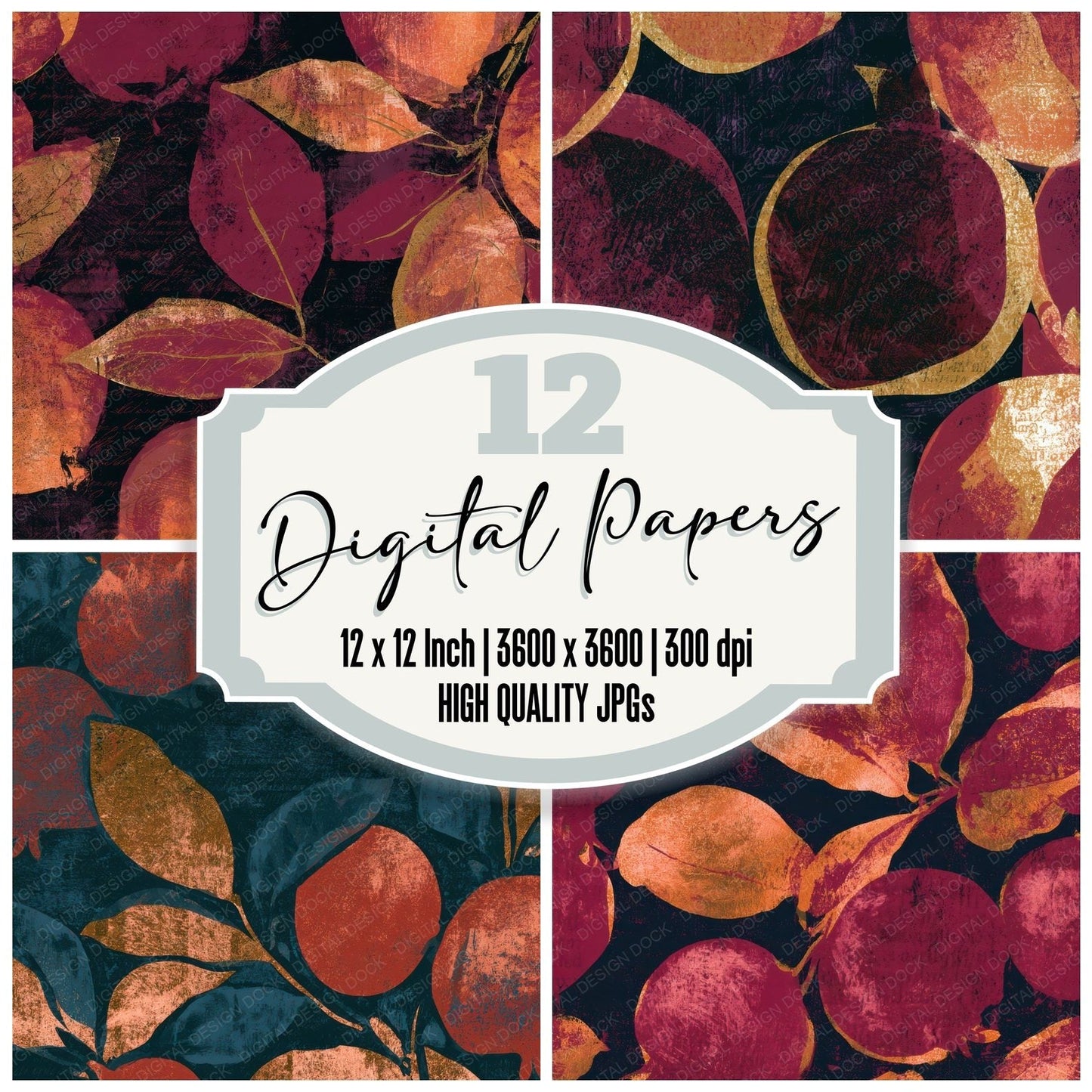 Linocut Quinces Oxblood Copper Digital Paper Pack (DDD013325)
