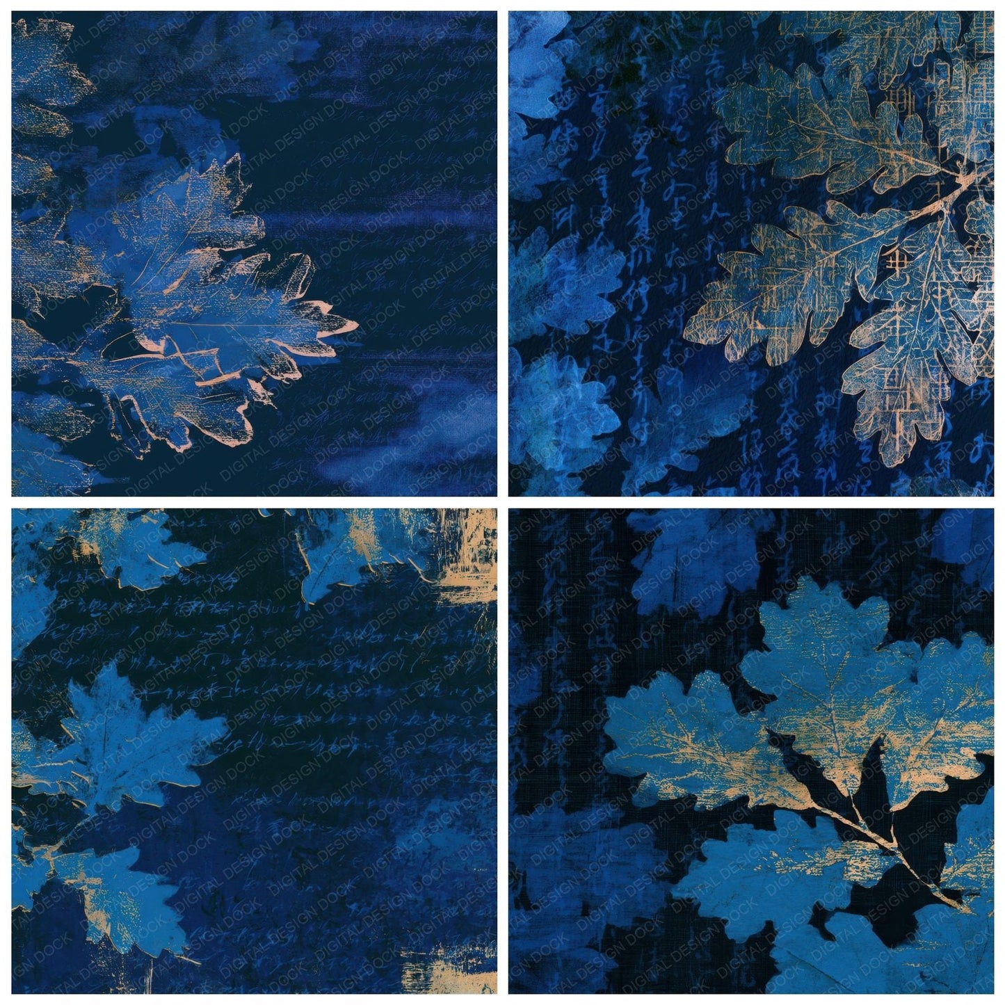 Minimal Oak Leaf Electric Blue Navy Digital Paper Pack (DDD013328)