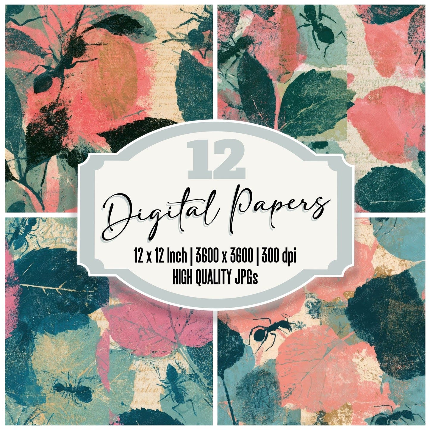 Monoprint Ants Cotton Candy Mint Seamless Digital Paper Pack (DDD013330)