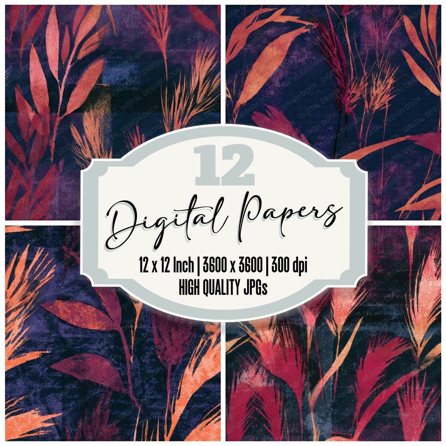 Monoprint Wild Grasses Dusty Rose Seamless Digital Paper Pack (DDD013332)